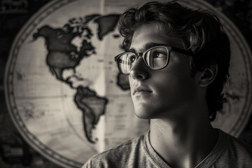 Man with Glasses and World Map