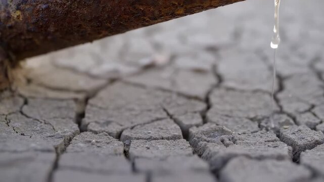 A close-up of an old rusted metal pipe leaking a small stream of water onto cracked dry earth, symbolizing drought and resource depletion.