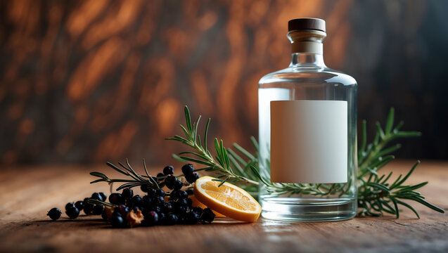 Premium gin bottle mockup with a blank label, styled with juniper berries and rosemary on a wooden background. Ideal for branding, product packaging, and commercial marketing