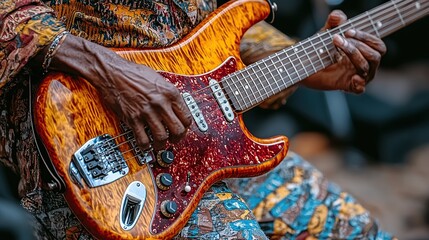African American musician playing guitar outdoors at a festival