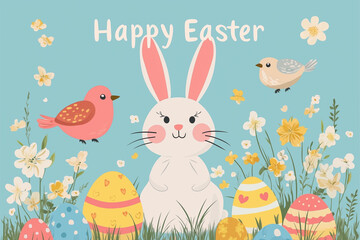 cute rabbit is sitting in a field of flowers, surrounded by colorful eggs. A bird is flying in the background, adding to the festive atmosphere. The image is titled "Happy Easter"