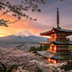 cherry blossoms in spring chureito pagoda and fuj
