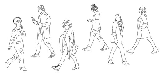 Set of different people walking line art drawing. Group of business people in casual clothes with smart phones. Hand drawn vector illustration isolated 