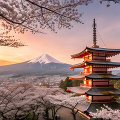 Fototapeta premium cherry blossoms in spring chureito pagoda and fuj