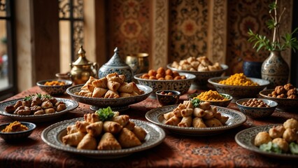 Fototapeta premium A festive table setting with a variety of dishes arranged neatly likely for a special occasion or celebration. The table is adorned with decorative elements creating an inviting and festive atmosphere