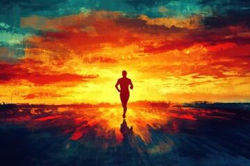 Fototapeta premium A Silhouette Runner Is Running Toward The Sunset Horizon