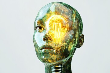 A translucent head merges with a glowing lightbulb, symbolizing brilliant ideas and innovative thinking.