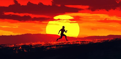 Obraz premium A silhouette of a runner is sprinting towards the sunset