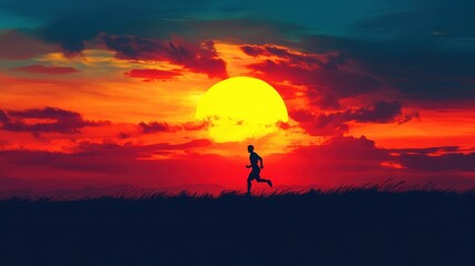 Fototapeta premium A runner is running across the field during a beautiful sunset