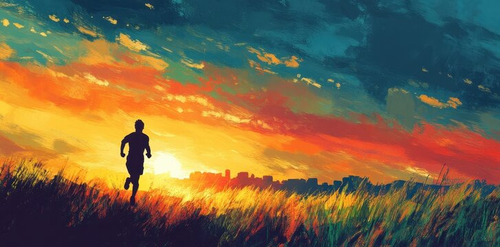Silhouette of a runner in front of a beautiful sunset sky