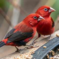 close up of a pair of fire finches