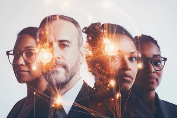 Diverse business team connected by innovative technology, symbolizing collaboration and progress.