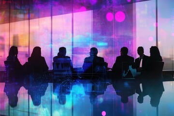 Silhouetted business team meeting in a modern office, futuristic digital data overlay.