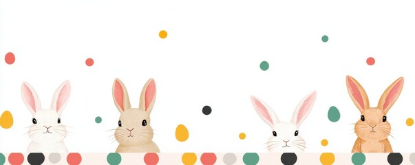 Four Cute Bunnies with Pastel Confetti on White