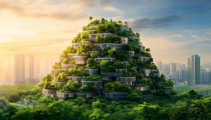 Obraz premium Eco-friendly residential complex blending with lush nature amidst cityscape harmony