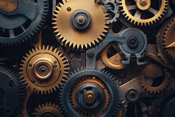 Intricate clockwork gears interlock, showcasing precision engineering and complex mechanics.