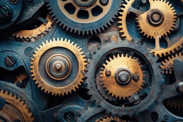 Intricate clockwork gears, brass and steel, interlock in a complex mechanism.