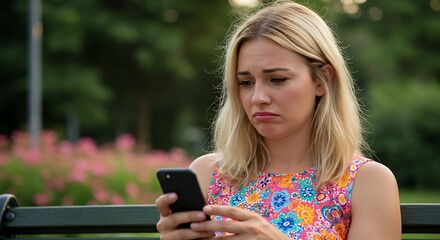 Sad Woman Using Mobile Phone Sitting on a Bench Outdoors