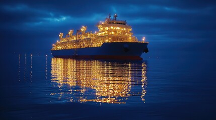 Obraz premium Night tanker ship at sea, lights reflecting, stormy clouds