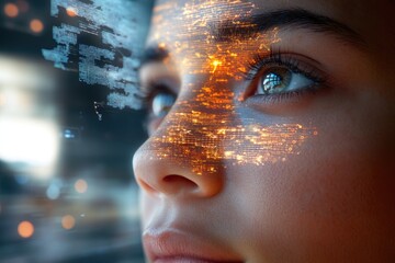 A close-up of a person's face overlaid with glowing digital data streams, symbolizing the merging of humanity and technology.