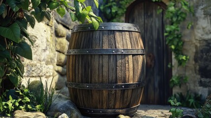 Wooden Barrel and Stone Wall