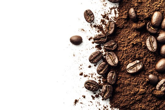 Coffee beans and ground coffee isolated on white background. Top view.