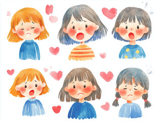 Cute Cartoon Girl Emoji Set – Hand-Drawn Watercolor Expressions 