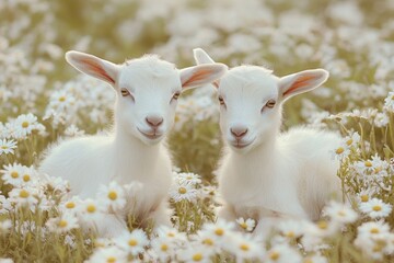 Fototapeta premium Two white goats in field of daisies