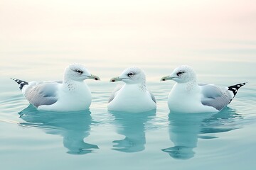 Three gulls floating calm sea sunset