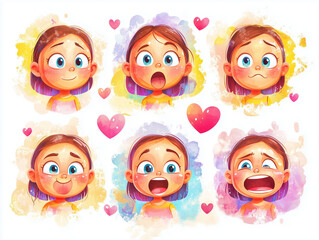Cute Cartoon Girl Emoji Set , short hair– Hand-Drawn Watercolor Expressions Pack