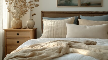 Mesita de noche rústica cerca de la cama con almohadas beige. Diseño interior de granja de dormitorio moderno.