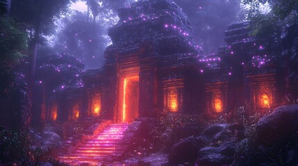 Obraz premium Majestic temple enveloped by dense jungle vegetation with sunlight streaming through the canopy creating a dreamy atmosphere