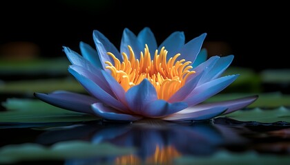 Blue water lily blooms at night