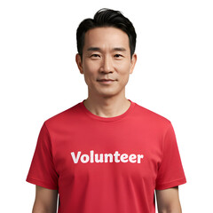 Smiling Asian Male Volunteer Wearing Red TShirt Studio Portrait Man Face Work Model Giving People
