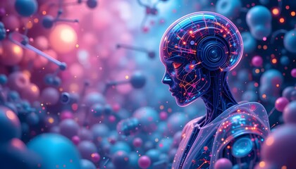 Fototapeta premium Futuristic Robot Portrait Surrounded by Colorful Digital Patterns and Abstract Background Elements