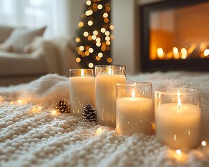 Cozy Christmas candles glow fireplace