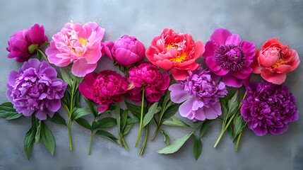 Beautiful colorful blooming peony flowers arranged on a textured surface