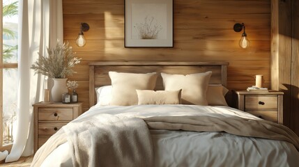 Rustic bedside cabinet near bed with beige pillows. Farmhouse interior design of modern bedroom.