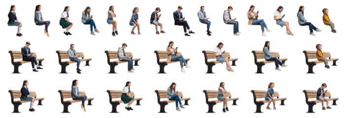 ベンチに座っている人々切抜き素材集、背景透過（男性、女性、学生、子供）