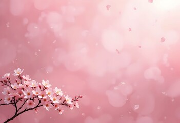 Pink Sakura Branch Corner Floral Soft Bokeh Background Falling Petals Gentle. Copy space. springtime beauty. Ideal for romantic greeting cards or feminine designs.