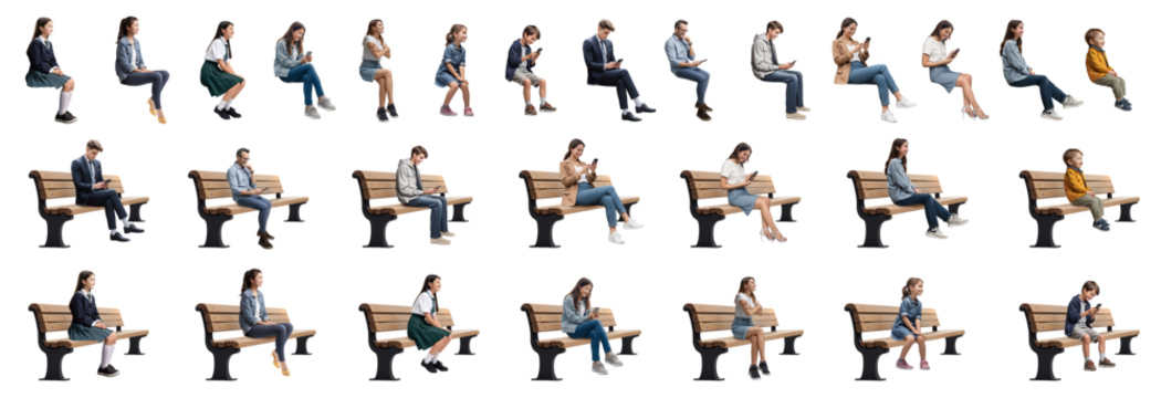 ベンチに座っている人々切抜き素材集、背景透過（男性、女性、学生、子供） - Powered by Adobe