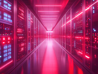Fototapeta premium Futuristic Data Center Corridor with Illuminated Servers