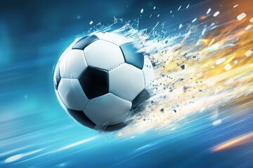 Naklejka premium Soccer Ball Moving Quickly Across Blue and Orange Background