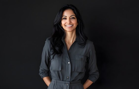 Smiling Woman Wearing a Gray Jumpsuit Against a Black Background
