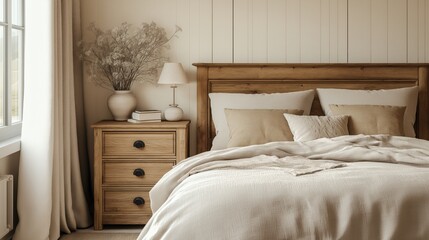 Rustic bedside cabinet near bed with beige pillows. Farmhouse interior design of modern bedroom.