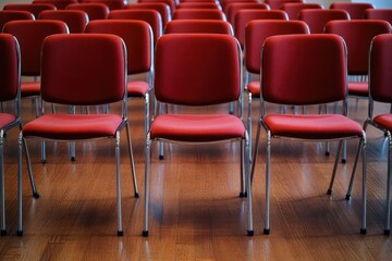 Obraz premium elegant row of minimalist crimson theater chairs with sleek metal frames arranged in perfect symmetry on polished wooden flooring, creating a striking visual rhythm for contemporary event spaces