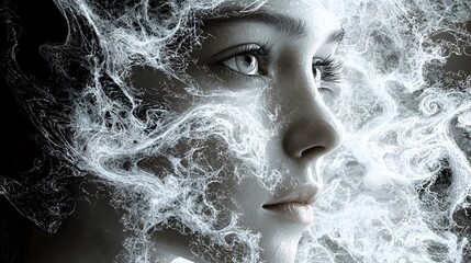 Fototapeta premium Enigmatic woman surrounded by mystical smoke cloud creating an air of intrigue and imagination in a dreamlike scene