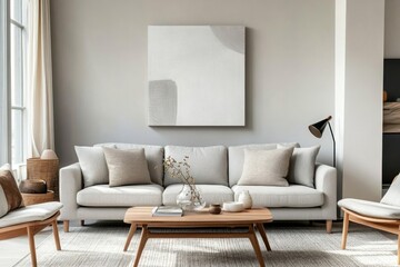 Fototapeta premium Minimalist living room with light grey sofa, wooden coffee table, and abstract art.