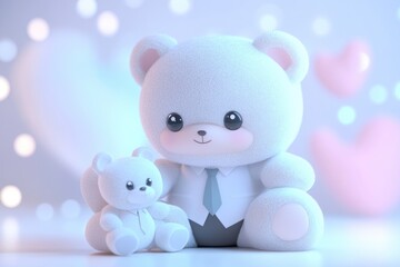 Adorable 3D-rendered teddy bears, one wearing a tie, in a soft, romantic setting.