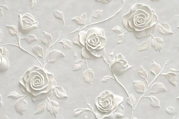 elegantly embossed white floral pattern on textured paper background, featuring delicate raised roses and leaves creating subtle shadows, seamless sophisticated wallpaper design